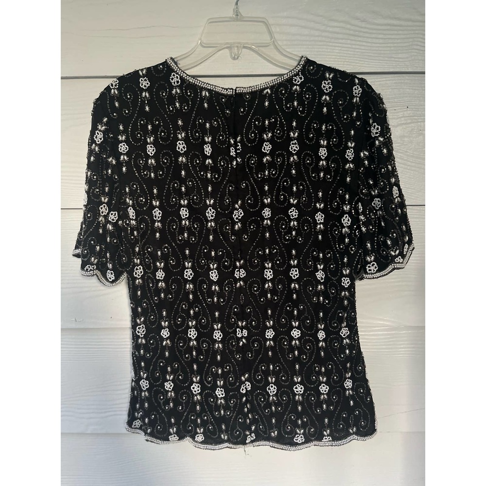 Vintage Stenay black pearl beaded silk blouse scalloped hem top size medium